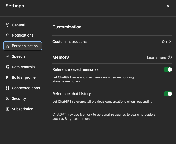 screen shot of how to Access Chat GPT Memory